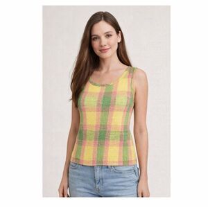 Vintage Lemon Grass Smocked Plaid Cotton Tank Top Small Yellow Green